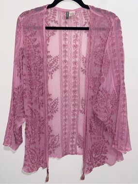 Anu Top Womens Small Sheer Embroidered Open Jacket Topper Boho Fairy Whimsy Pink